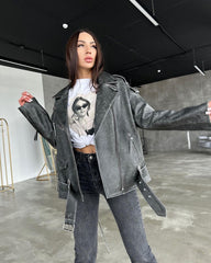 Medium biker jacket with laces. Jacheta biker cu efect washed KALINKA FURS