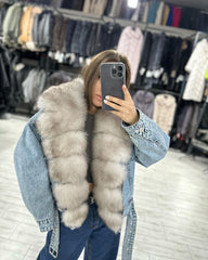 Jeans Jacket with Marten Collar. Geaca de blugi cu guler detasabil din blana naturala de jder. KALINKA FURS