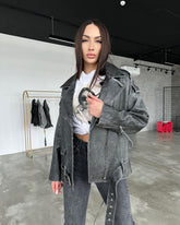 Medium biker jacket with laces. Jacheta biker cu efect washed KALINKA FURS