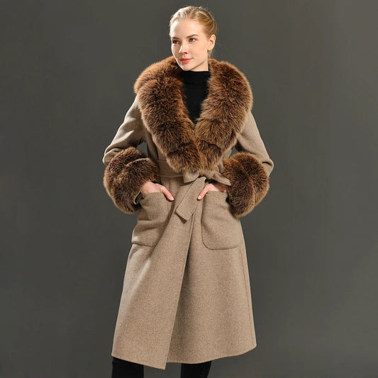 Cashmere coat with real fur. Palton elegant din casmir cu blana naturala din jder. Lungime 100cm KALINKA FURS