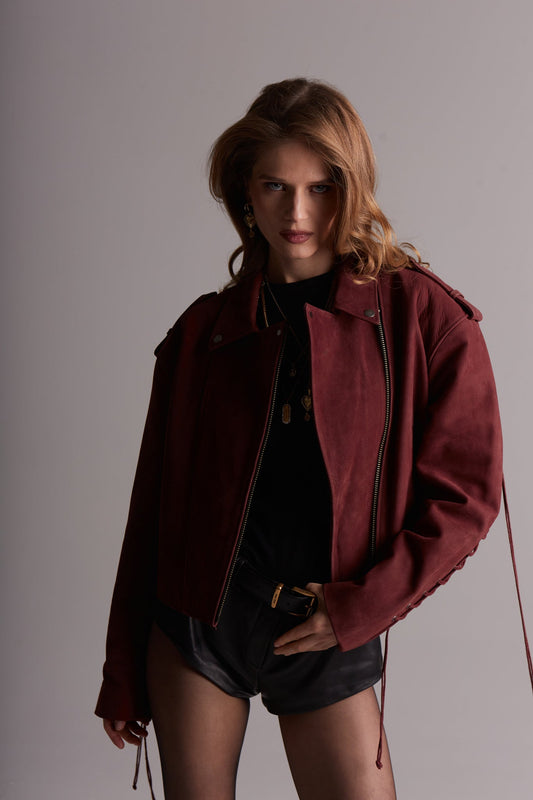 Bordeaux Leather Jacket with Laces KALINKA FURS