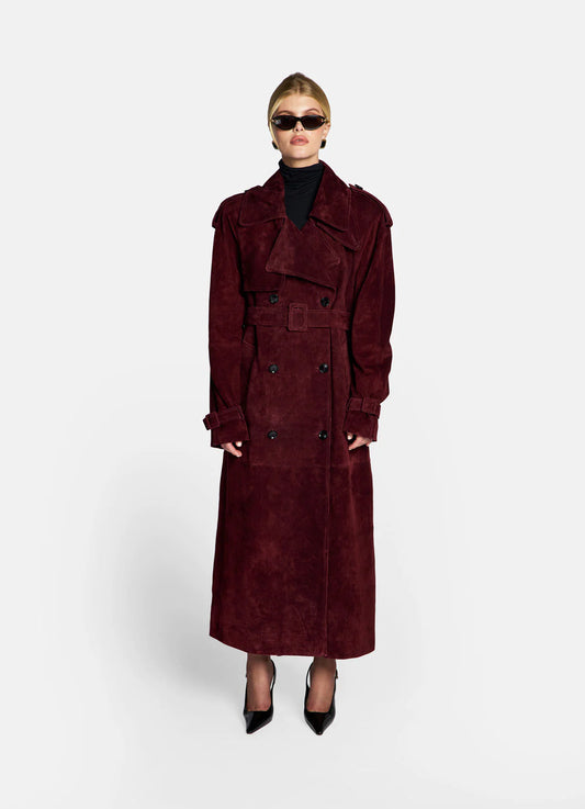 Aleona trench bordeaux din piele întoarsa. Lungime 120cm