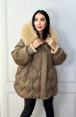 Winter Down Swan Jacket Fox Collar. Jacheta calduroasa de iarna cu puf de lebada si guler din vulpe KALINKA FURS