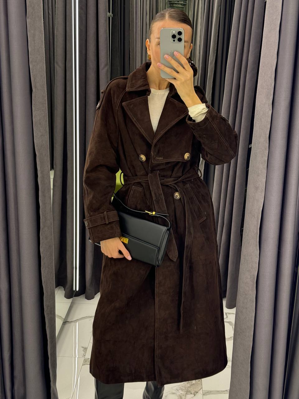 Suede Natural Trench Coat. Trench din piele intoarsa KALINKA FURS