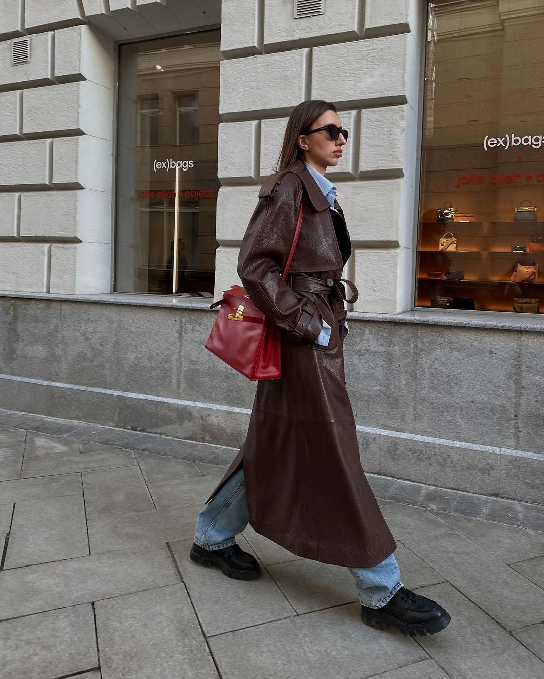 Dark brown leather trench coat length 130cm. Trench din piele naturala maro lungime 130cm