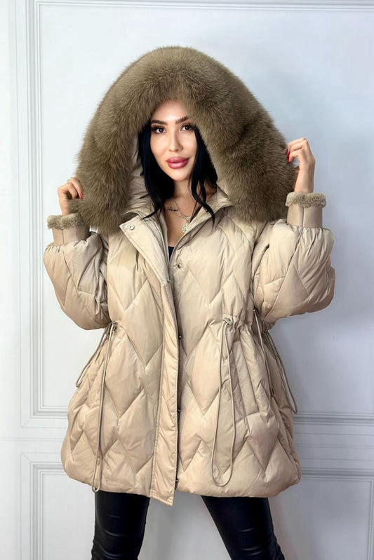 Winter Down Swan Jacket Fox Collar. Jacheta calduroasa de iarna cu puf de lebada si guler din vulpe KALINKA FURS
