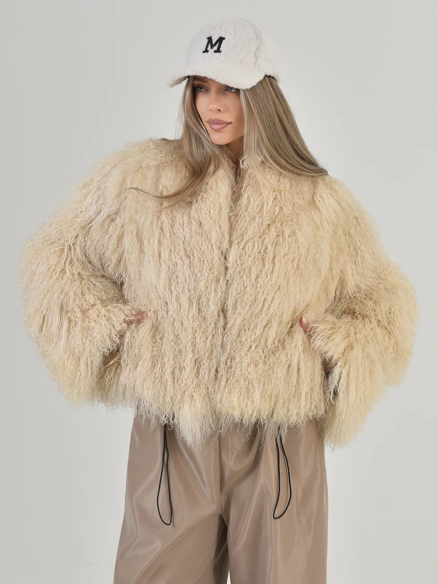 Eliza Natural llama fur coat with English collar