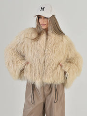 Eliza Natural llama fur coat with English collar
