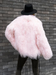 Daria Natural llama fur coat with English collar