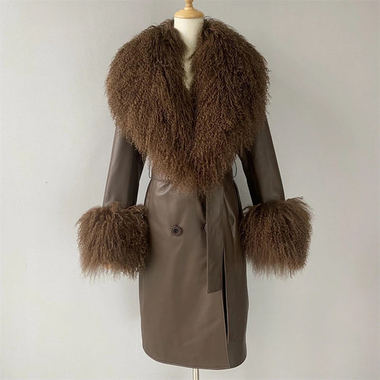 Leather coat with mongolian collar and sleeves. Trench din piele naturala cu blana mongoleza la guler si maneci