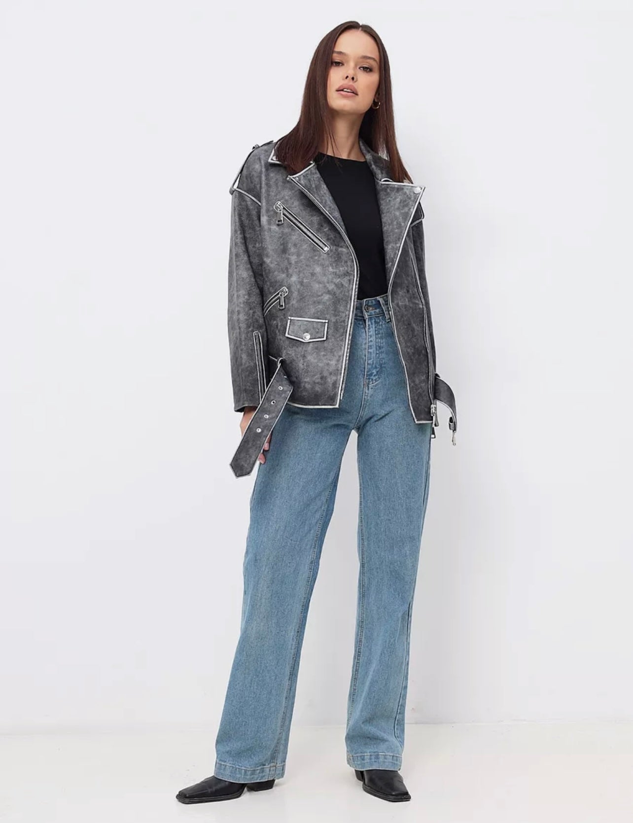 Vintage Effect Oversized Leather Jacket KALINKA FURS