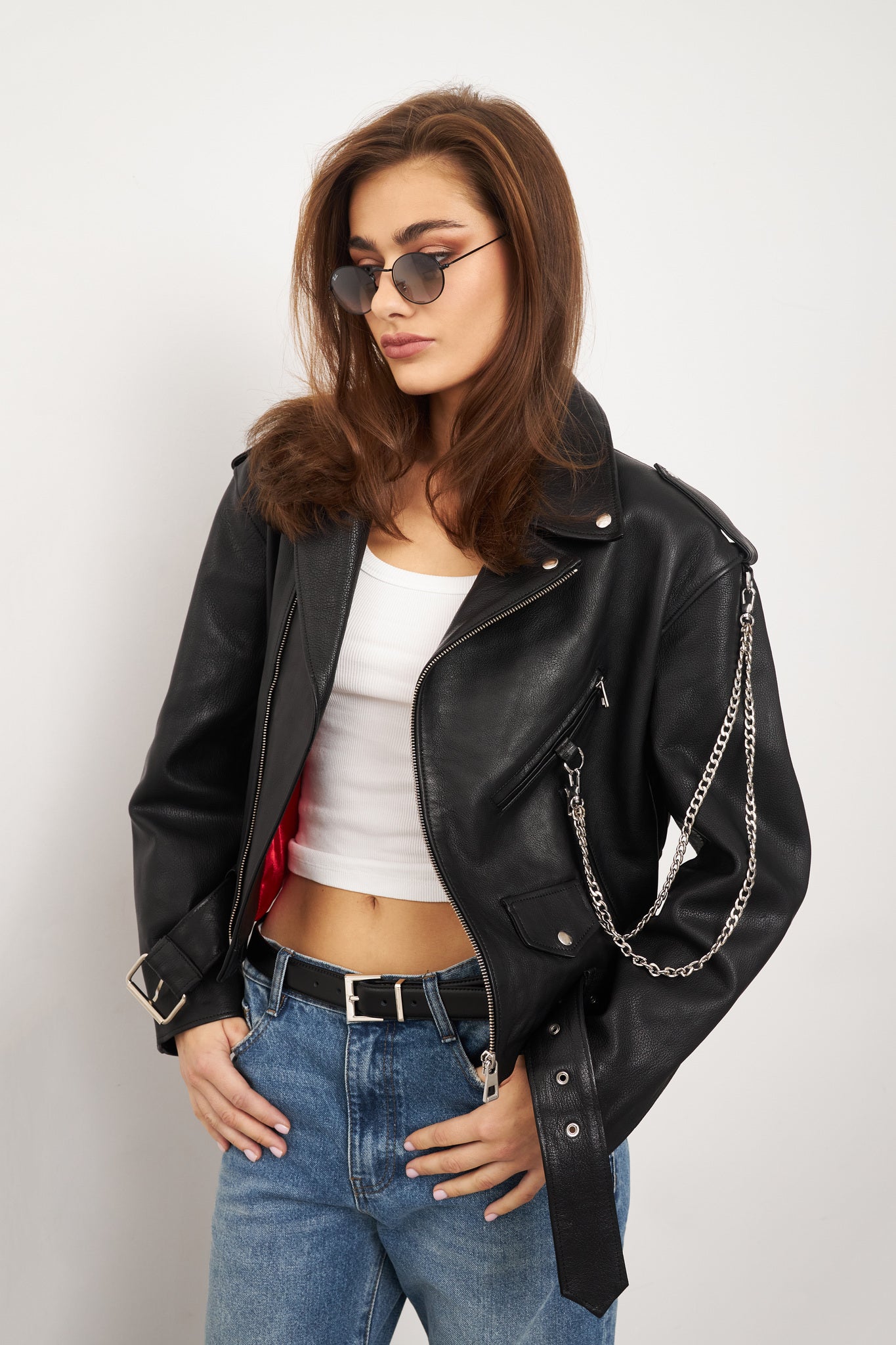 Black Biker Leather Jacket. Geaca din piele naturala biker