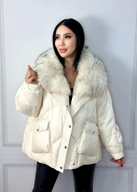 Winter Jacket Down Swan Fox Collar. Jacheta de iarna cu puf de lebada si guler din vulpe KALINKA FURS