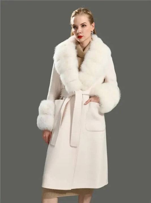 Cashmere coat with real fur. Palton elegant din casmir cu blana naturala din jder. Lungime 100cm KALINKA FURS