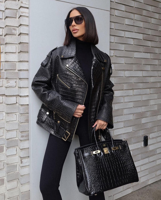 Leather Oversized Jacket Croco Effect. Geaca oversized din piele naturala efect de crocodil