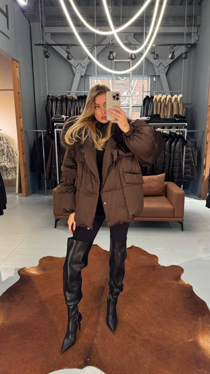 Goose Down Puffer Oversized Jacket Fox Collar. Geaca cu puf de gasca si guler din vulpe KALINKA FURS