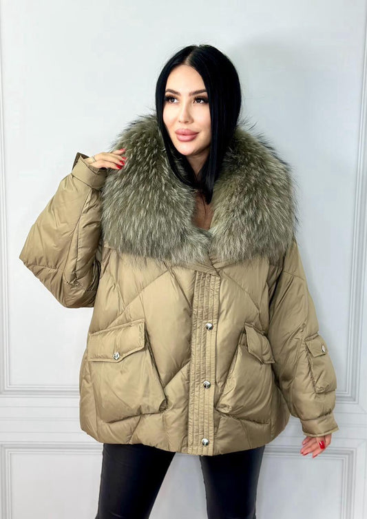 Winter Jacket Down Swan Fox Collar. Jacheta de iarna cu puf de lebada si guler din vulpe KALINKA FURS