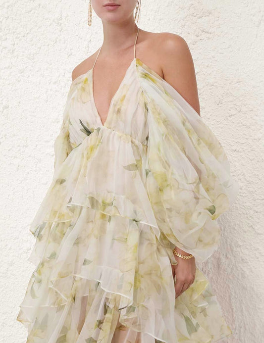 Jenny Rochie midi cu detaliu din tul floral portocaliu crem