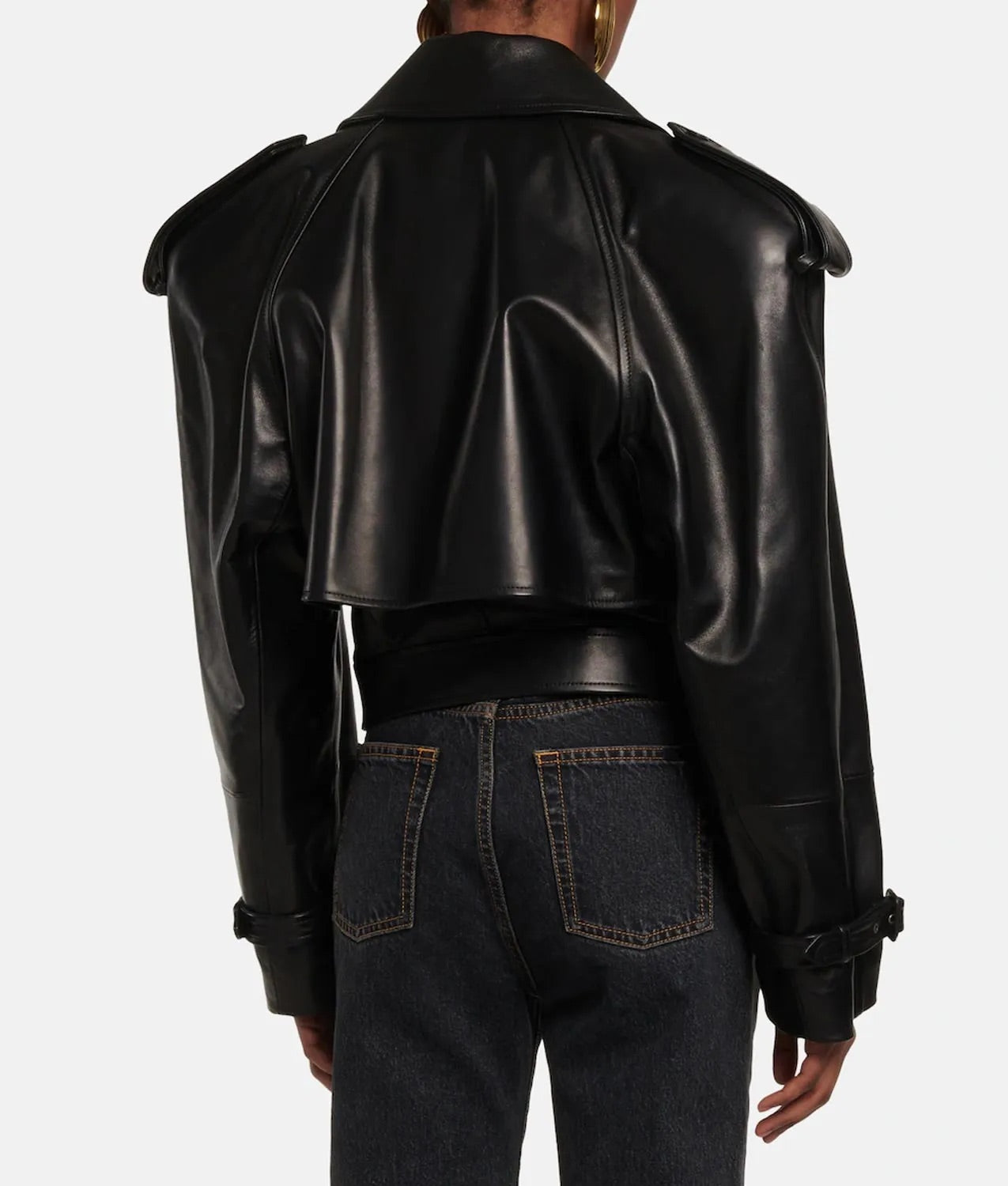 Belted Cropped Biker Jacket. Jacheta biker scurta din piele naturala