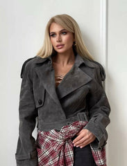 Karina genuine suede leather jacket with epaulettes
