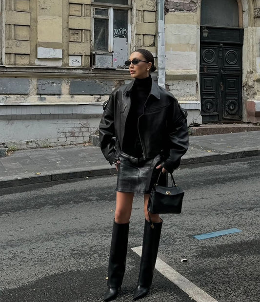 Snejana geaca din piele naturală cu mâneci detașabile