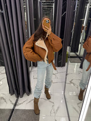 Shearling Jacket in Brown. Cojoc de iarnă din piele și blană naturală de oaie KALINKA FURS