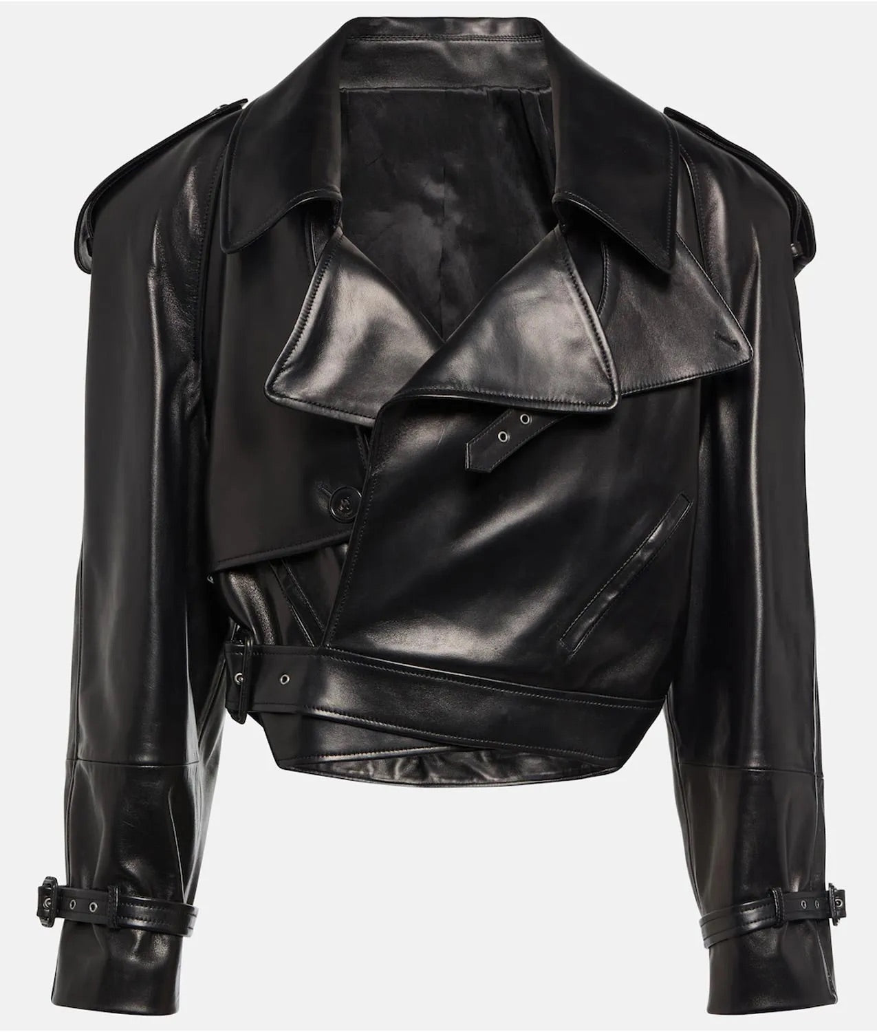 Belted Cropped Biker Jacket. Jacheta biker scurta din piele naturala