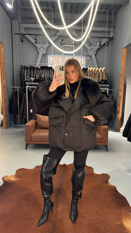Goose Down Puffer Oversized Jacket Fox Collar. Geaca cu puf de gasca si guler din vulpe KALINKA FURS