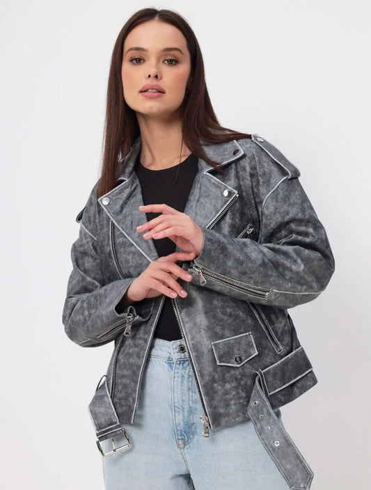 Washed effect biker jacket. Jacheta cu efect washed in gri KALINKA FURS