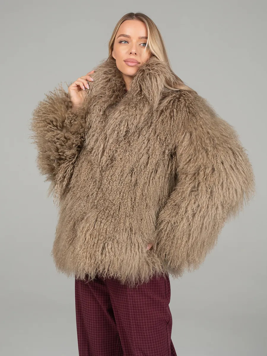 Daria Natural llama fur coat with English collar