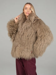 Daria Natural llama fur coat with English collar
