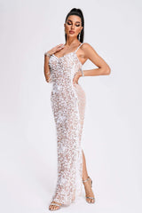 Aisha long evening dress with appliqué details