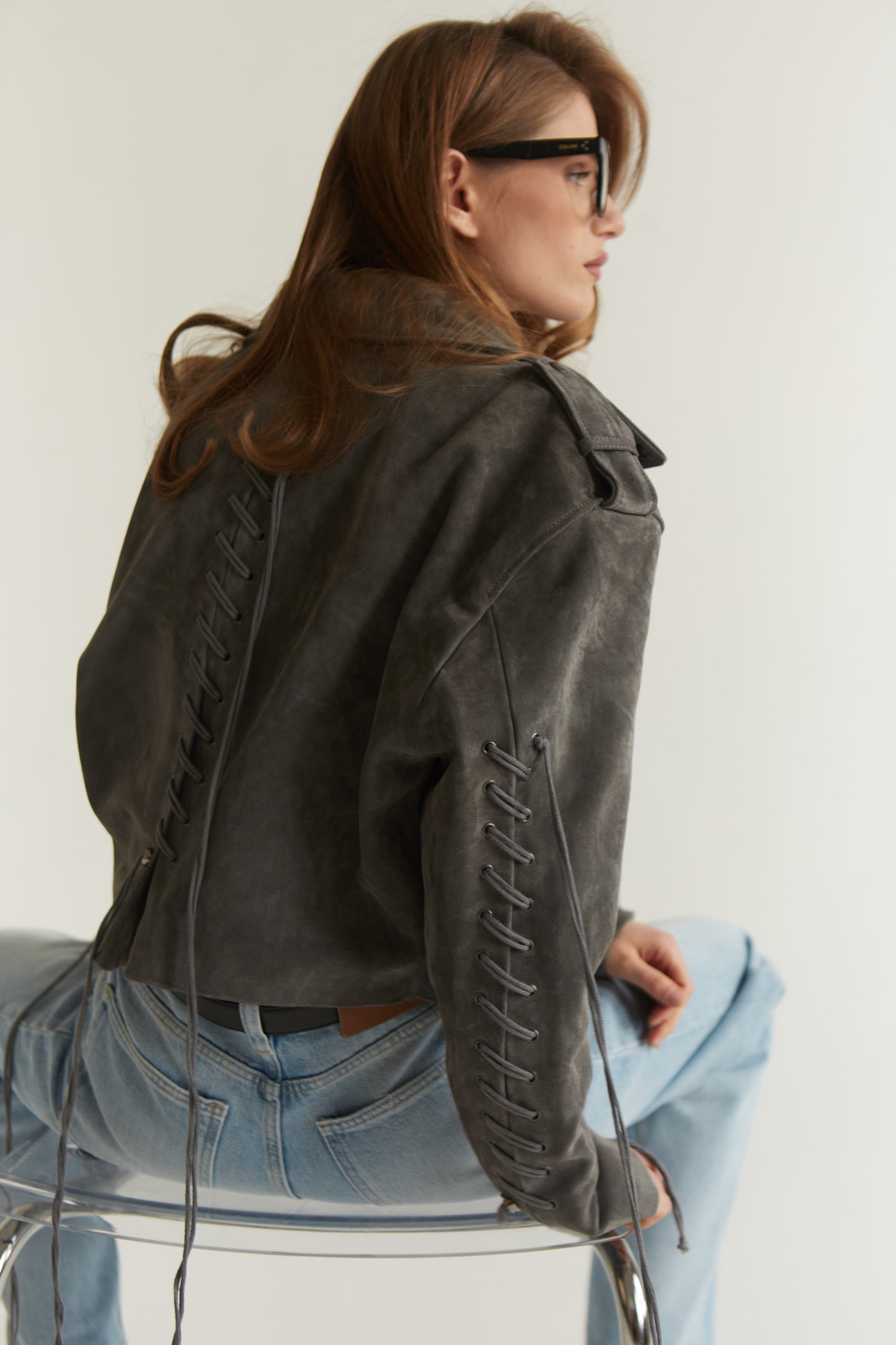 Dark Grey Suede Leather Jacket with Laces