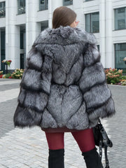 Delia Natural silver fox fur coat in lilac shade