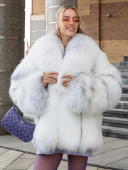 Alexia Long natural arctic fox fur coat with English collar 