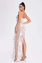 Aisha long evening dress with appliqué details