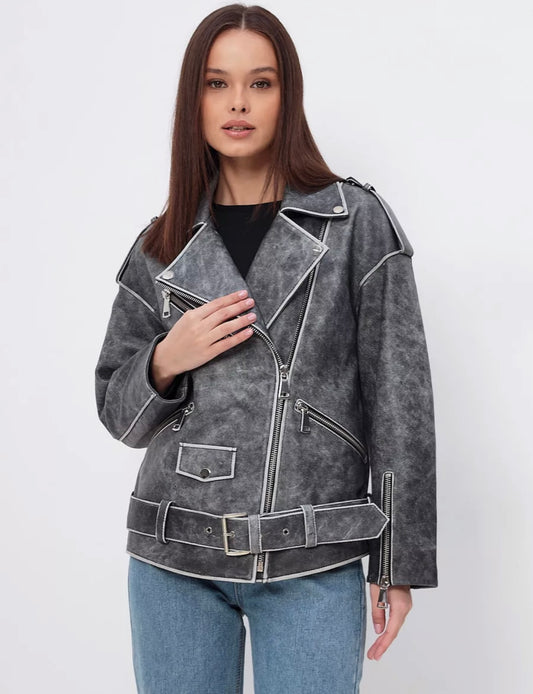 Vintage Effect Oversized Leather Jacket