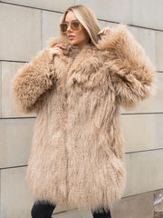 Elena Natural llama fur coat with English collar. Length 80cm