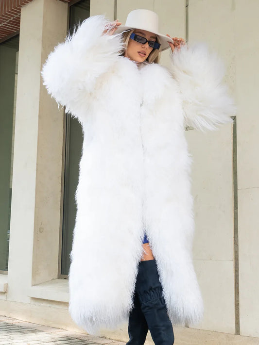 Isabella Long natural llama fur coat with English collar