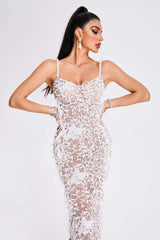 Aisha long evening dress with appliqué details