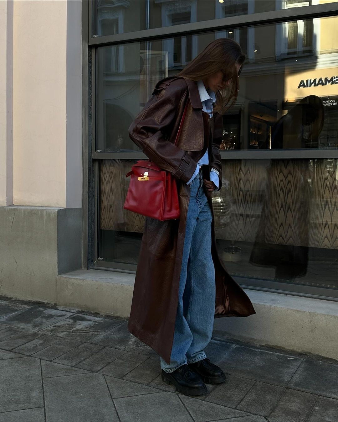 Dark brown leather trench coat length 130cm. Trench din piele naturala maro lungime 130cm