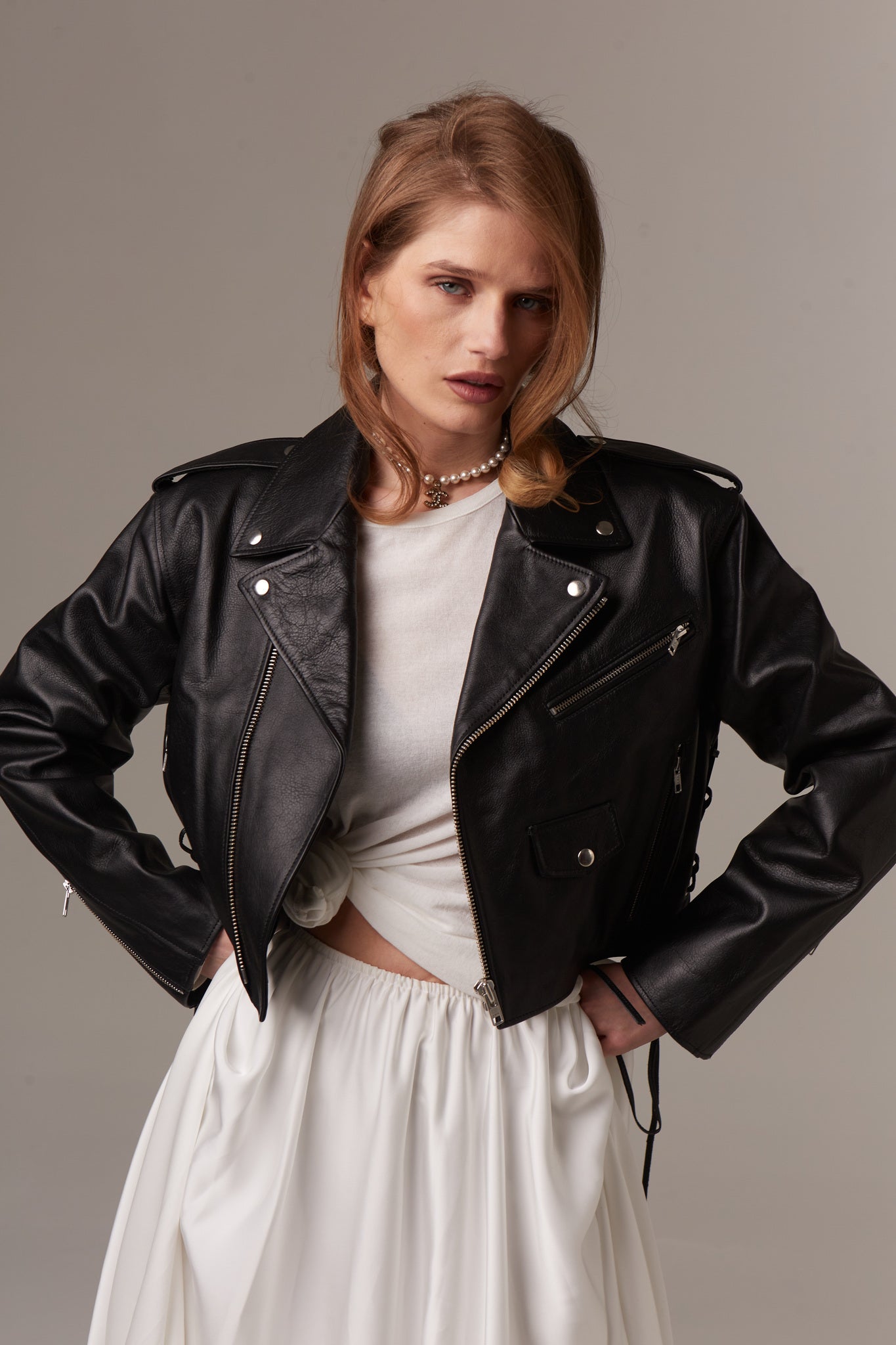 Black Leather Jacket with Laces. Geaca din piele naturala cu sireturi