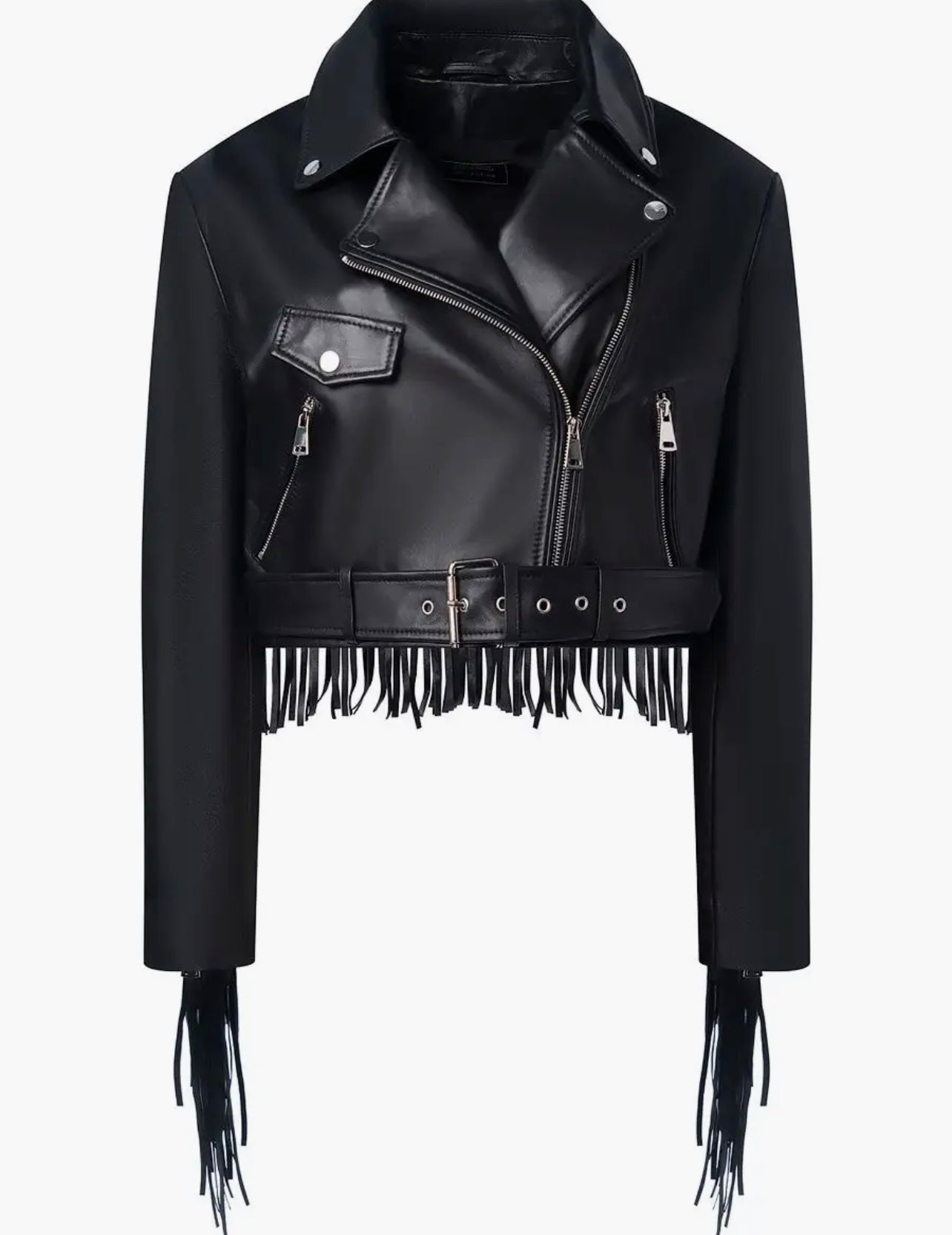 Black Leather Jacket with Fringes. Geaca din piele naturala cu franjuri