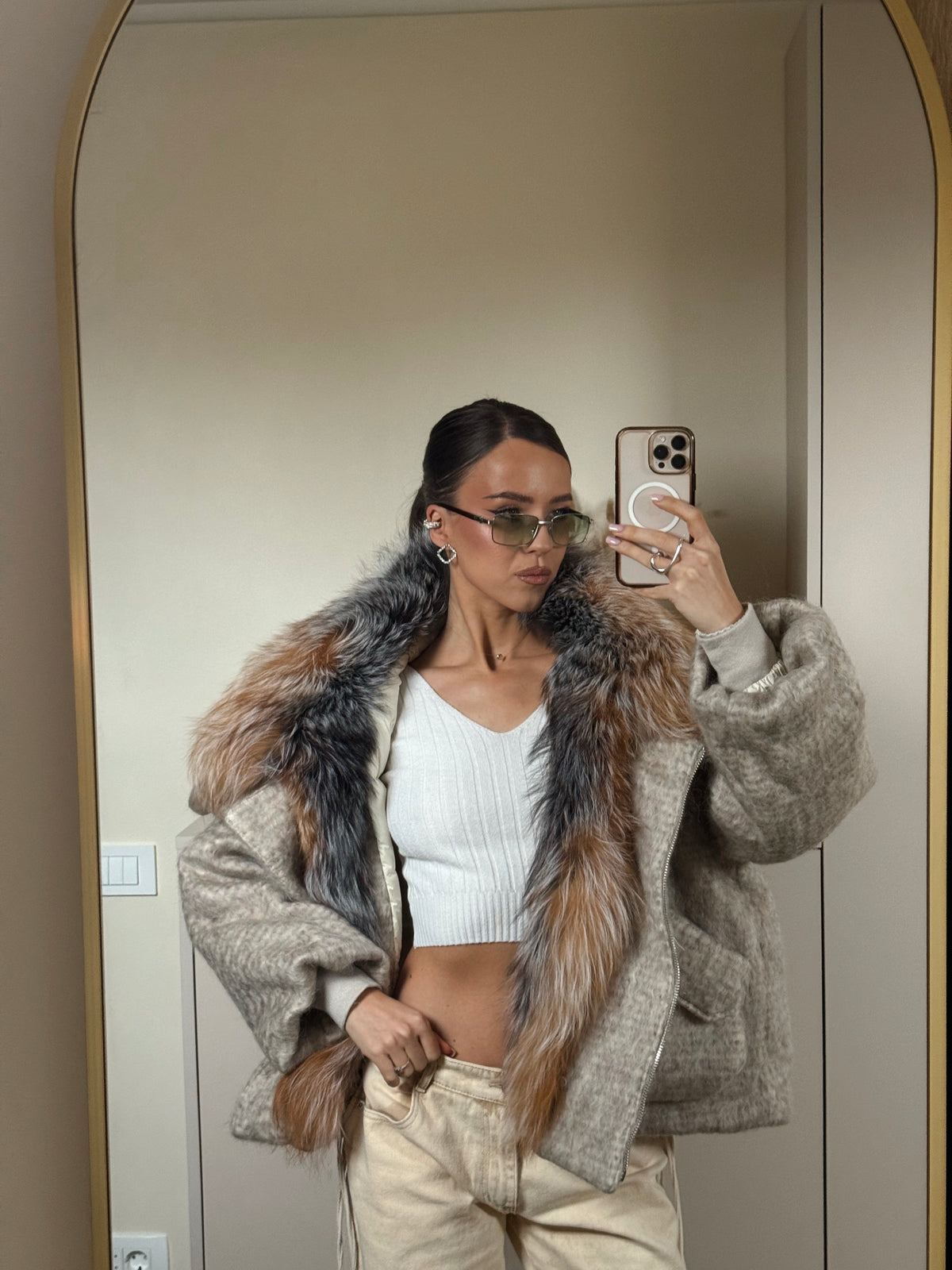 Money jacheta oversized de iarnă cu guler din vulpe rezistentă la -30*