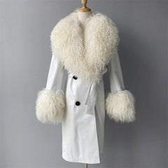 Leather coat with mongolian collar and sleeves. Trench din piele naturala cu blana mongoleza la guler si maneci KALINKA FURS