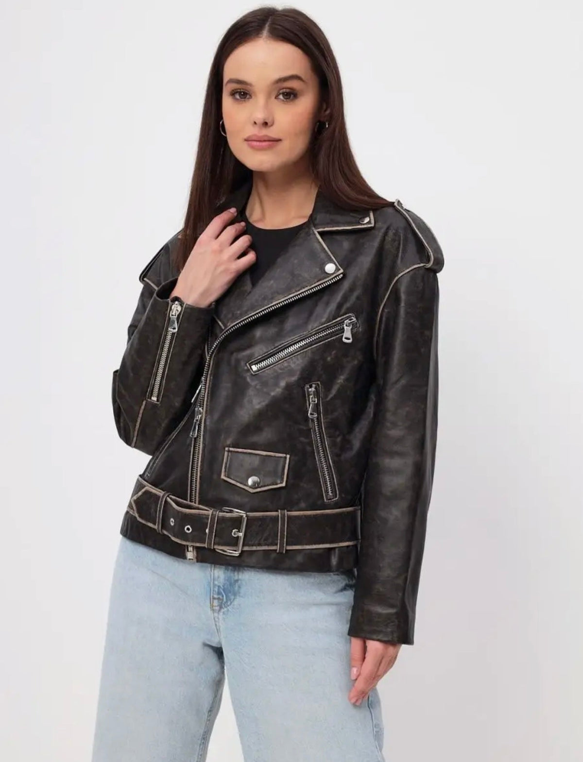 Black Vintage Leather Jacket KALINKA FURS