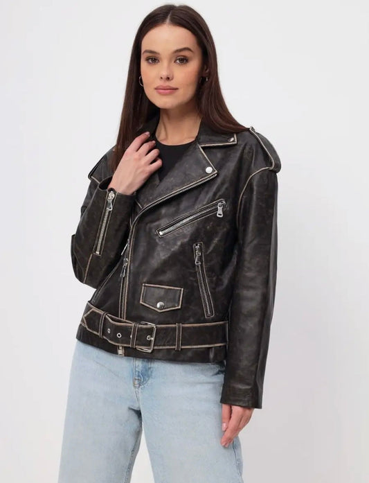 Black Vintage Leather Jacket KALINKA FURS