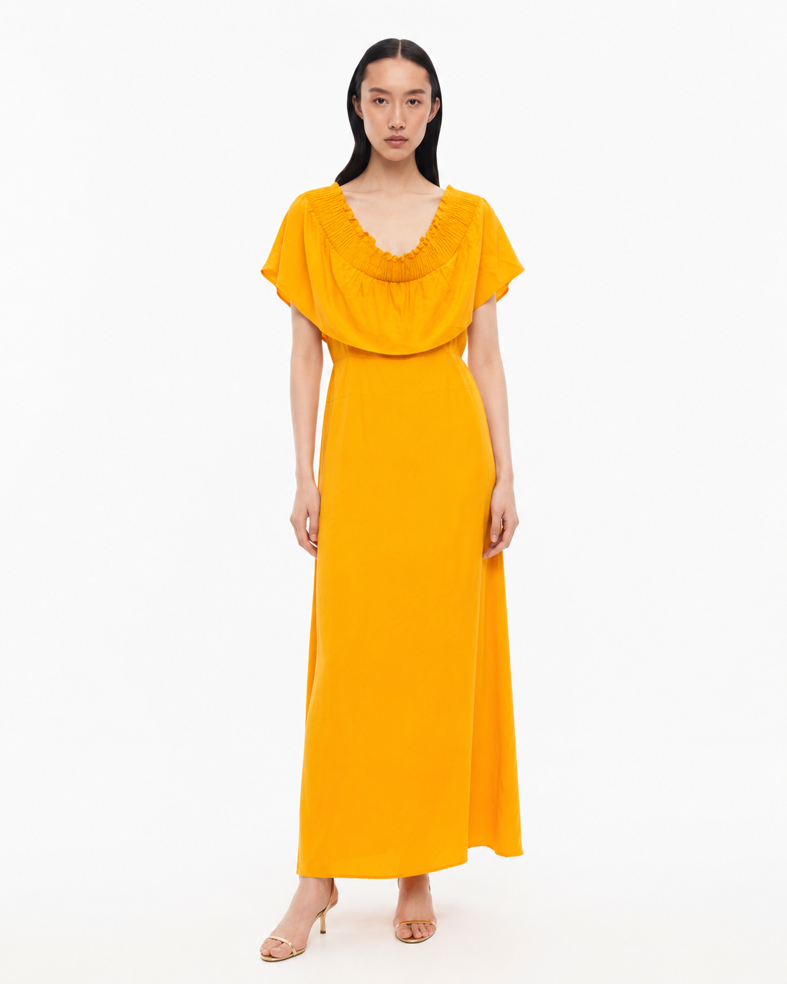 Rochie lunga portocalie pe umeri