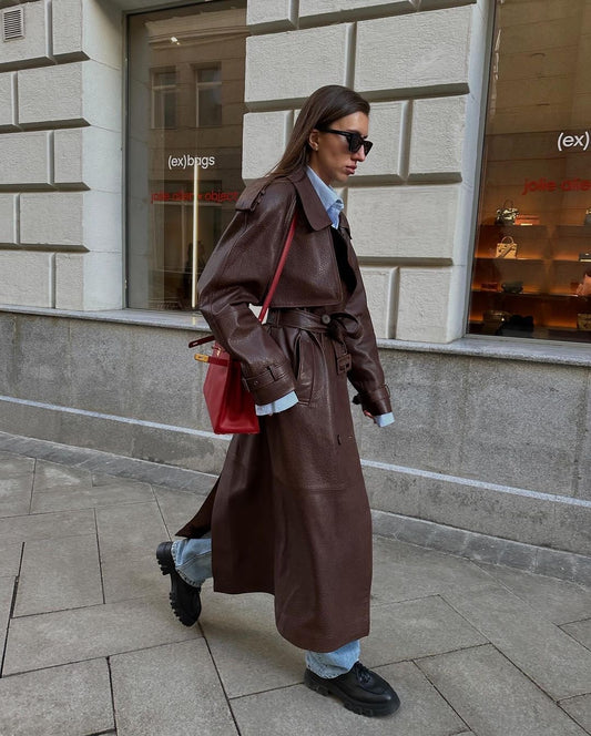 Dark brown leather trench coat length 130cm. Trench din piele naturala maro lungime 130cm