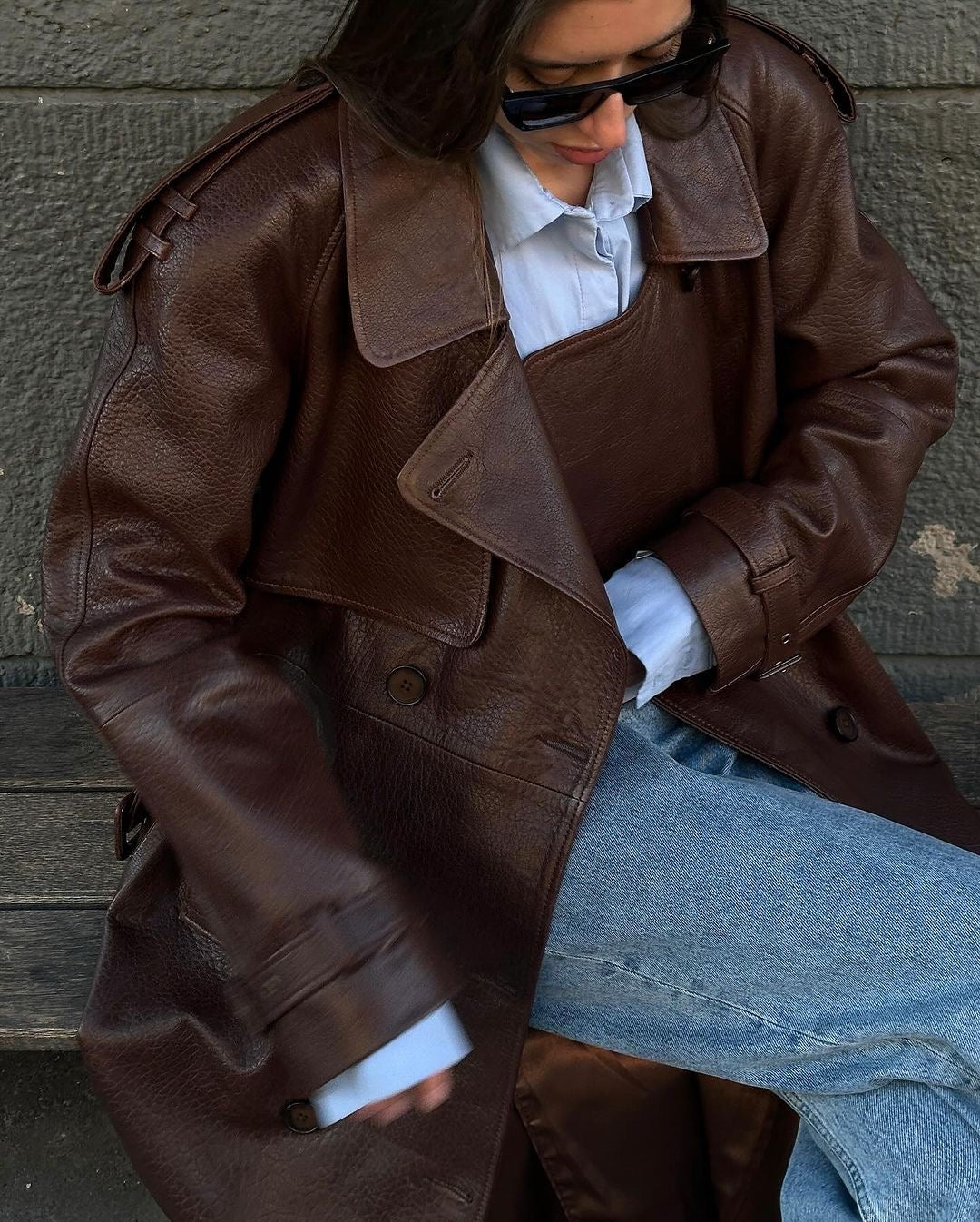 Dark brown leather trench coat length 130cm. Trench din piele naturala maro lungime 130cm